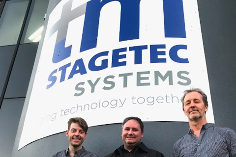 L-R: Treva Head, MD of Stagetec Mediagroup Australia, Mark Lownds of tm stagetec systems, and Out Board's Dave Haydon
