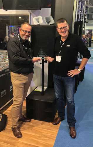 Nexo's Gareth Collyer and Andy Simmons celebrate the P12's PLASA Award for Innovation Nexo's Gareth Collyer and Andy Simmons celebrate the P12's PLASA Award for Innovation