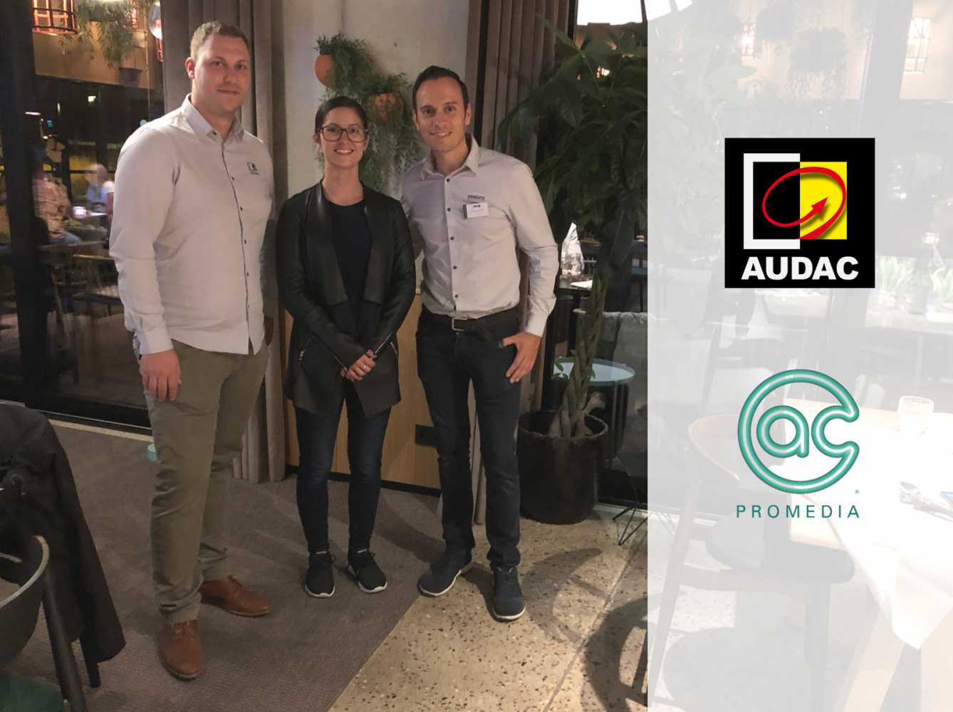 Bart Vandermot, sales executive at Audac; Sarah Lima, A/V brand manager at A.C. ProMedia and Audac CEO Tom Van de Sande Bart Vandermot, sales executive at Audac; Sarah Lima, A/V brand manager at A.C. ProMedia and Audac CEO Tom Van de Sande